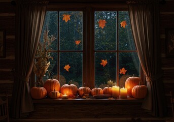 Obraz premium Cozy cabin window interior with pumpkins gourds dried corn and autumn leaves