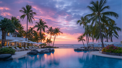 Serene resort pool at sunset, calm water mirroring pink and orange skies, tropical palms swaying, concept of global travel and vacation luxury for tourism promotion