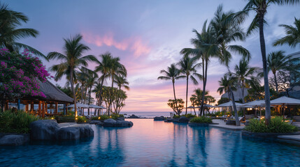 Fototapeta premium Serene resort pool at sunset, calm water mirroring pink and orange skies, tropical palms swaying, concept of global travel and vacation luxury for tourism promotion