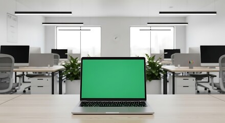 Laptop with Green Screen on Desk in Modern Open Office Space with Plants
