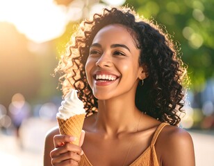 Joyful woman enjoying an ice cream cone outdoors
