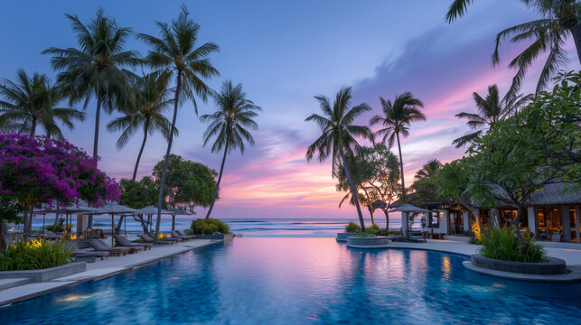 Serene resort pool at sunset, calm water mirroring pink and orange skies, tropical palms swaying, concept of global travel and vacation luxury for tourism promotion