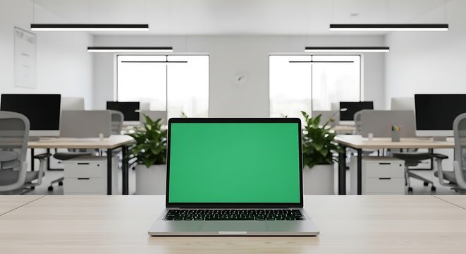 Laptop with Green Screen on Desk in Modern Open Office Space with Plants
