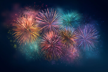 Obraz premium Colorful firework bursts in sky with sparkling light, New Year celebration element
