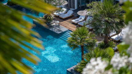 Modern resort pool with wooden deck, sunbeds, and straw umbrellas, tropical greenery framing the scene, aerial perspective highlighting travel and vacation vibes