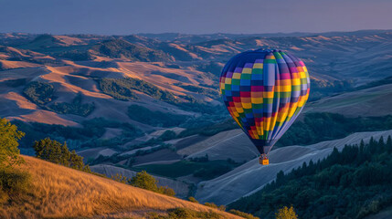Colorful hot air balloon drifting over rolling hills at sunset, warm golden light casting long shadows, patchwork fields below, evoking freedom and adventure