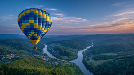 Fototapeta premium Hot air balloon floating high above lush green valleys and winding rivers, sky painted in pastel sunset colors, capturing a dreamy travel experience