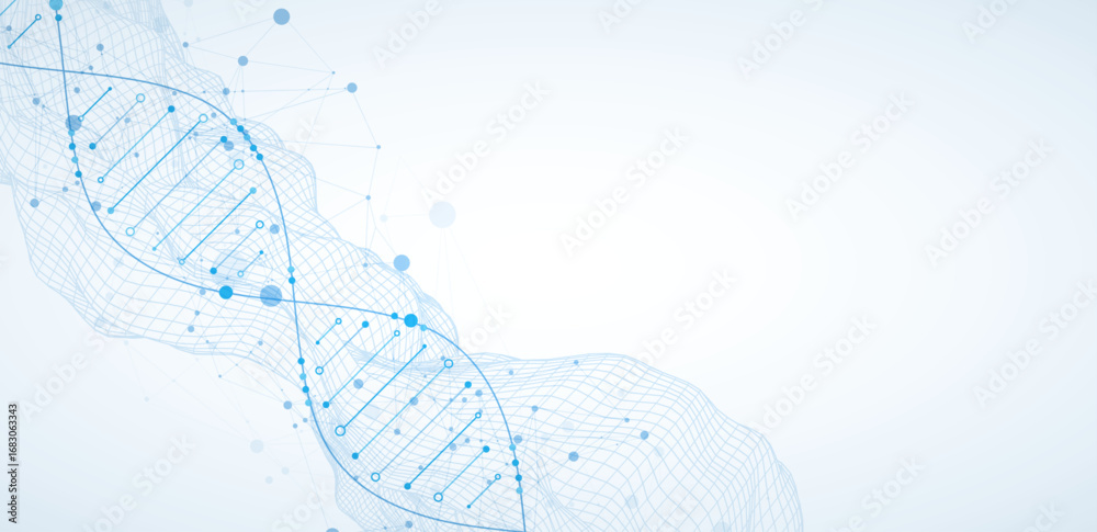 Wall mural abstract image of dna molecule on wireframe wave. scientific vector background.