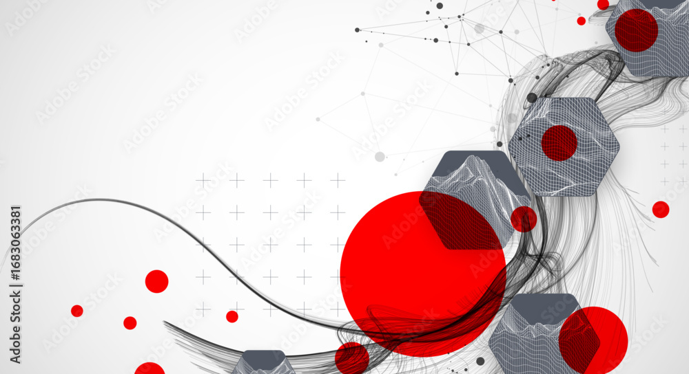 Wall mural scientific and technological background. wave with wireframe hexagons of different types on a gray g