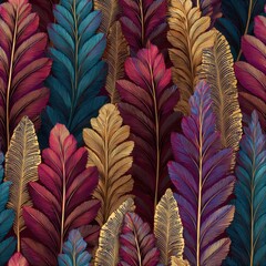 Vibrant Tropical Leaves Pattern in Rich Burgundy, Teal, and Gold Hues.