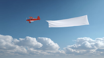 Small propeller aircraft pulling long white signage through the sky, clear daylight, realistic aerial scene, ideal for promotional overlay
