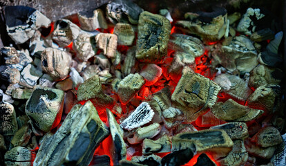 Burning charcoal embers glowing red and black, captured in detail with textures and heat radiating from the fire source.