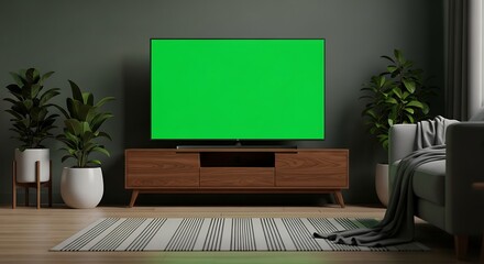 Modern Living Room Scene with Empty Green Screen TV