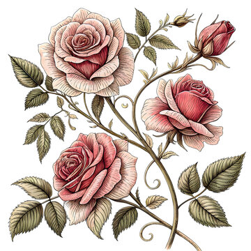 Pink roses entwined on vine isolated on a transparent background leaves buds