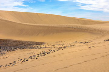 Panoramic view of the Natural Reserve of Dunes of Maspalomas in Gran Canaria, Canary Islands, Spain.