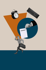 Trendy 3d image vertical photo collage of happy businessman businesswoman stand contract paper keypad alarm deadline limit