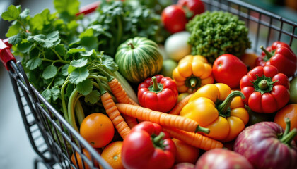 Fresh colorful vegetables including carrots, bell peppers, tomatoes, broccoli, and leafy greens in shopping basket, showcasing healthy and vibrant produce
