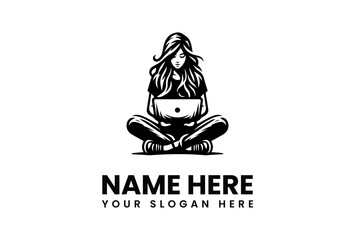 Stylized Woman with Laptop in Lotus Position Flowing Hair Monochromatic Design.