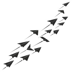 A squadron of black folded paper airplanes soaring upwards in a coordinated formation.