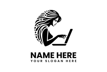 Stylized Woman Working on Laptop Abstract Design.