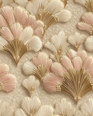Elegant embroidered pattern showcases beautiful Art Deco inspired fan shapes. Soft champagne and peach threads create luxurious and decorative textile with rich texture
