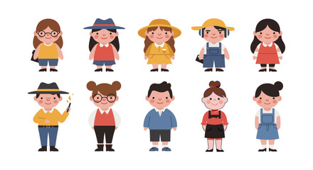 Cute cartoon children in various outfits, perfect for educational resources.