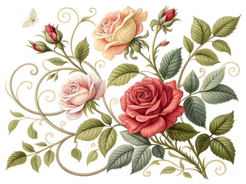 Vintage floral arrangement with roses and vines isolated on a transparent background pink roses red roses
