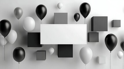 Black and white balloons with floating cubes background for event promotion and party decoration design