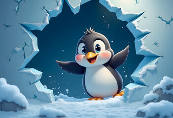 Fototapeta premium Cute cartoon penguin emerging from an ice hole, with a joyful expression in a snowy environment
