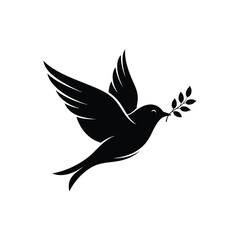 Black silhouette of a flying dove holding an olive branch in its beak a symbol of peace and hope.