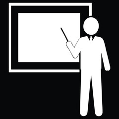 Male Teacher Standing in Front of Chalkboard Giving a Lesson Using a Pointer in Simple Black and White Educational Illustration
