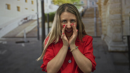 Woman with red nails, blonde hair and furrowed brow cups hands to mouth on street by stone...