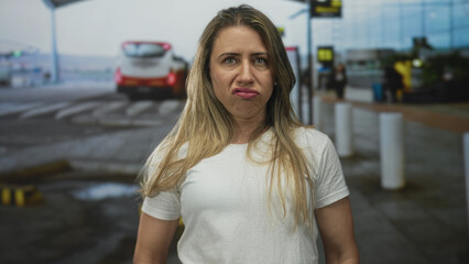 Fototapeta premium Middle aged woman pouts lips under canopy at airport terminal near shuttle bus at curbside; disgust.