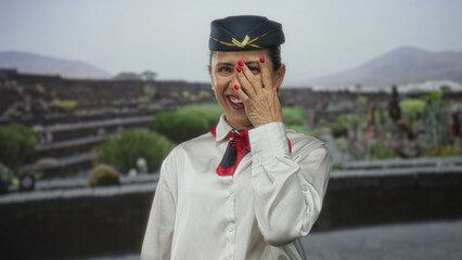 Woman laughing with hand near face wearing airline uniform hat and red neck scarf in green outdoor...