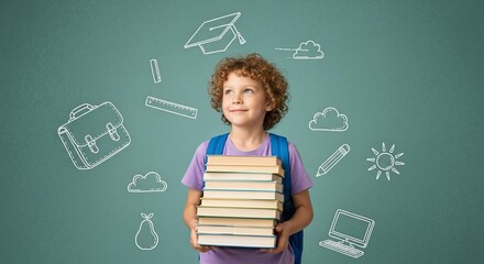 Young student with books, dreaming of education and future success, with doodles