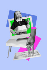 Art sketch 3d image banner collage of minded freelancer girl peek pc monitor hold magnifier vacancy...