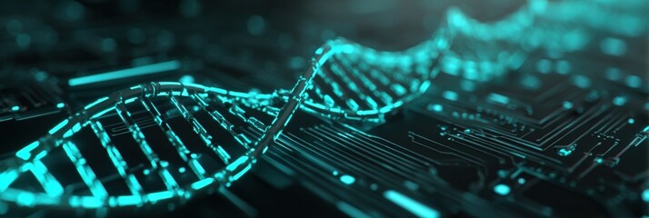 A bright turquoise DNA strand glows on a dark circuit board, symbolizing the fusion of biotechnology and digital technology in science.