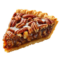 Delicious slice of pecan pie with a flaky crust and gooey filling perfect for thanksgiving dessert or a sweet treat any time of year on black on transparent background