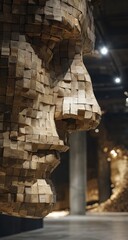 Close-up of a large wooden sculpture, profile view of a face,  mosaic-like blocks