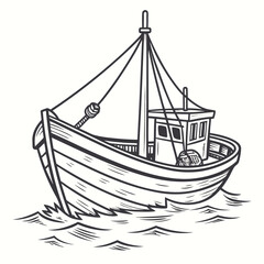 Illustration of a fishing boat sailing on the sea, capturing the essence of maritime adventures and nautical pursuits