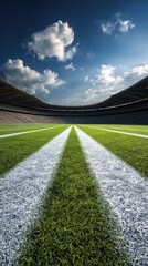 An empty stadium, filled with vibrant green grass, and white lines that extend into a bright blue sky.