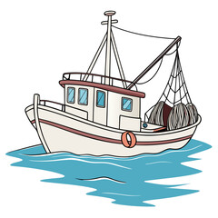 Illustration of a fishing boat sailing on the sea, perfect for travel and nautical themes, evoking a sense of adventure and maritime spirit, ideal for seafood industry