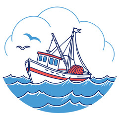 Illustration of a fishing boat sailing on the sea with clouds and seagulls, perfect for travel and nautical themes, evoking a sense of adventure and maritime spirit