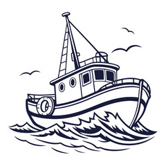 Illustration of a fishing boat sailing on the sea with seagulls flying above