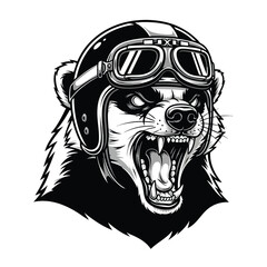Monochrome illustration of a fierce badger head wearing a vintage motorcycle helmet and goggles.