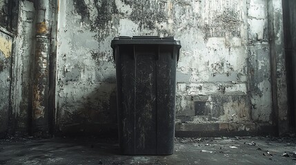 A black trash can sits in front of a dirty, peeling wall
