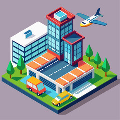 A cityscape with a large airport building and an airplane flying over it. Concept of travel and adventure, as well as the hustle and bustle of a busy city