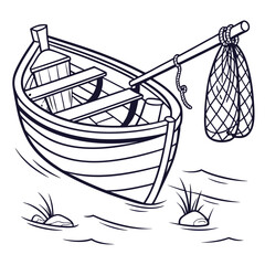 Illustration of a small wooden boat with a fishing net hanging from a pole