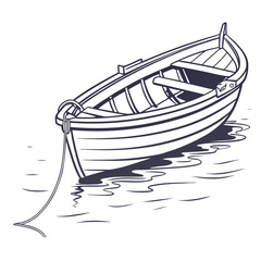 Illustration of a wooden rowboat floating on the water, showcasing its design and nautical charm © md razab 1122