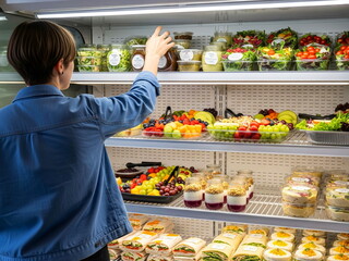 A person in a denim jacket is reaching for a pre-packaged salad from a refrigerated display in a store.